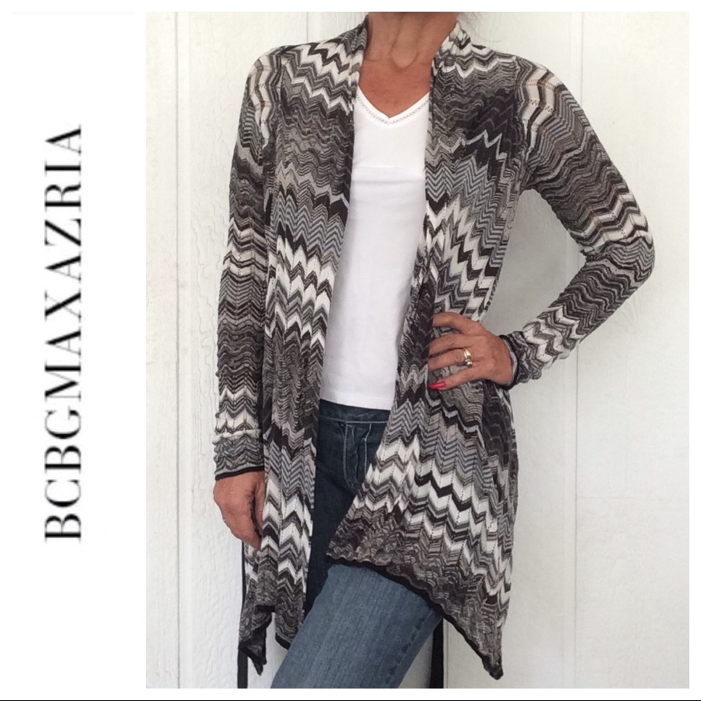 BCBG MAXAZRIA SILK DRAPED OPEN FRONT ZIG ZAG CARDIGAN MEDIUM